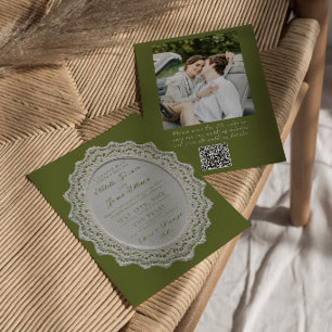 Olijfgroene kanten QR-code foto bruiloft in vintag Kaart
