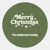 Olijfgroene kerstgunst ronde sticker (Voorkant)
