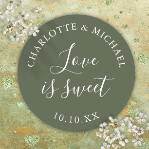 Olijfgroene Love Is Sweet Huwelijksgunst Ronde Sticker