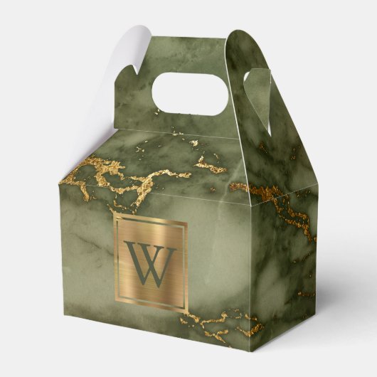 Olijfgroene marmeren gouden monogram bedankdoosjes (Voorkant Zijde)