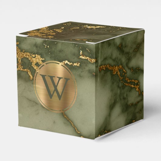 Olijfgroene marmeren gouden monogram bedankdoosjes (Voorkant Zijde)