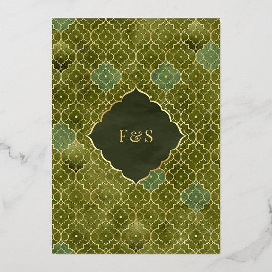 Olijfgroene Marokkaanse moslim bruiloft gouden fol Folie Uitnodiging (Achterkant)
