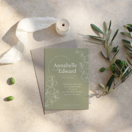 Olijfgroene minimalistische botanische bruiloft kaart