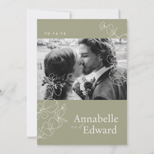 Olijfgroene minimalistische botanische bruiloft kaart (Achterkant)