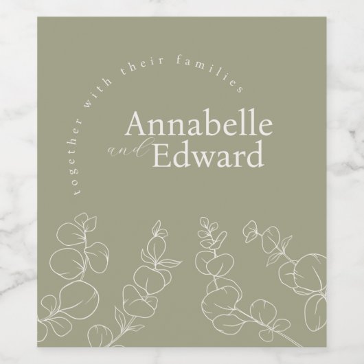 Olijfgroene minimalistische botanische bruiloft wijn etiket (Enkel label)