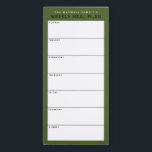 Olijfgroene minimalistische eenvoudige gezinsplann magnetisch notitieblok<br><div class="desc">Schrijf uw diners op dit magnetisch notitieblok voor een gemakkelijke manier om de maaltijden van de week te plannen en het op uw koelkast, paniekdeur of commandocentrum te plakken. De eenvoudige, moderne lay-out in aarde olijfgroen, zwart en wit met sans serif doopvonten zal aan elke visueel georganiseerde maaltijdplanner aantrekkelijk zijn....</div>