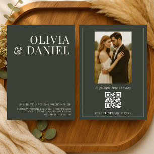 Olijfgroene Minimalistische Foto QR Code Trouwkaar Kaart