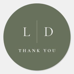 Olijfgroene Minimalistische Monogram Trouw Favor Ronde Sticker