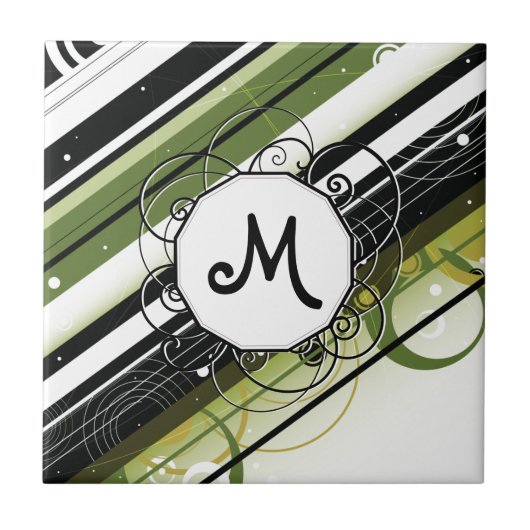 Olijfgroene Modern-Retro Stripes met monogram Tegeltje (Voorkant)