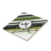 Olijfgroene Modern-Retro Stripes met monogram Tegeltje (Zijkant)