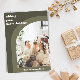 Olijfgroene moderne boog twee verticale foto  feestdagenkaart