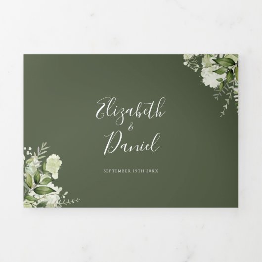 Olijfgroene moderne botanische groene foto-huwelij drieluik uitnodiging (Cover)