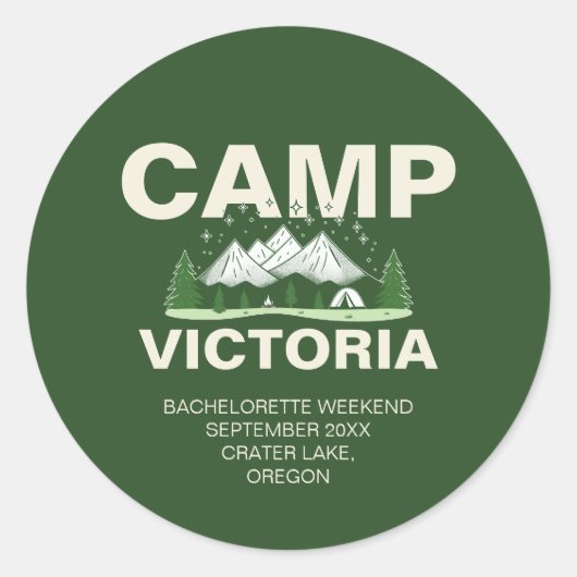 Olijfgroene Moderne Camping Bachelorette-feest Ronde Sticker (Voorkant)