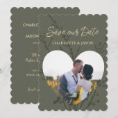 Olijfgroene moderne foto-hartframe Save The Date Kaart (Voorkant / Achterkant)