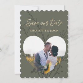 Olijfgroene moderne foto hartvormige lijst save th kaart