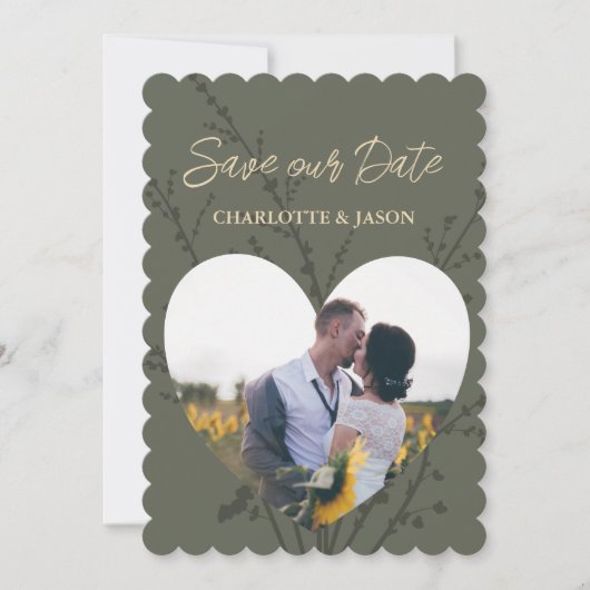 Olijfgroene moderne foto hartvormige lijst save th kaart (Voorkant)