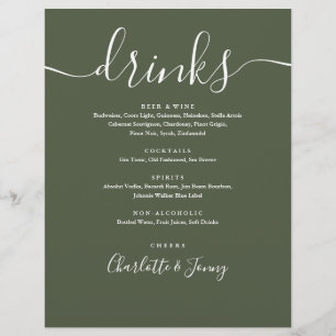 Olijfgroene moderne script huwelijksdrankenmenu flyer