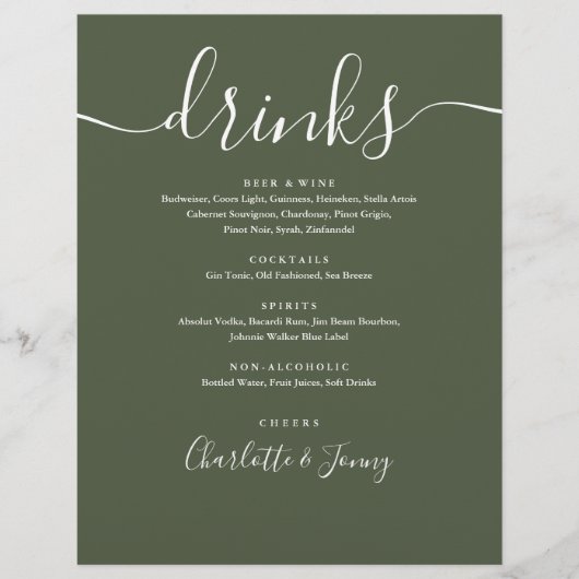 Olijfgroene moderne script huwelijksdrankenmenu flyer (Voorkant)