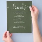 Olijfgroene moderne script huwelijksdrankenmenu flyer (Hand)
