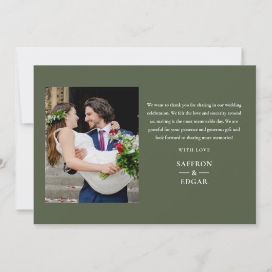 Olijfgroene Monogram 2 Foto Trouw Bedankkaart (Achterkant)