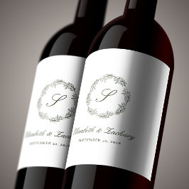 Olijfgroene monogram bladkrans wijn etiket