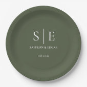 Olijfgroene Monogram Bruiloft Papieren Bordje (Voorkant)