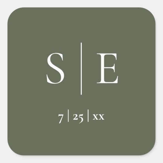 Olijfgroene Monogram Bruiloft Vierkante Sticker (Voorkant)