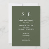 Olijfgroene Monogram Foto Bruiloft Save The Date (Voorkant)