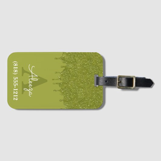 Olijfgroene Monogram Glitter Drips Bagagelabel (Voorkant (horizontaal))