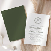 Olijfgroene monogram krans script uitnodiging