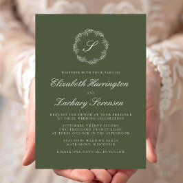 Olijfgroene Monogram Krans Witte Script Bruiloft Kaart