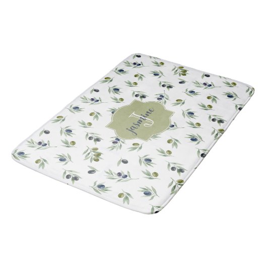 Olijfgroene Monogram Naam Watercolor Chic Patroon Badmat (Gekanteld)