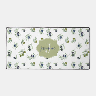 Olijfgroene Monogram Naam Watercolor Chic Patroon Bureaumat
