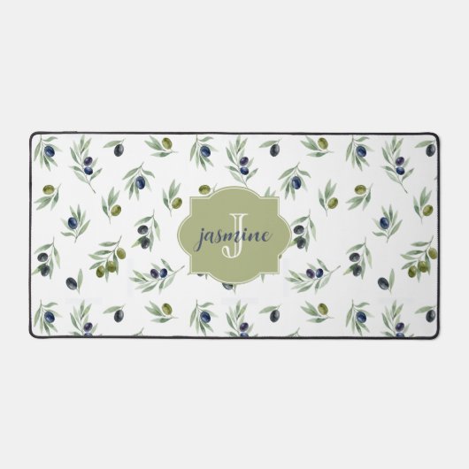 Olijfgroene Monogram Naam Watercolor Chic Patroon Bureaumat (Voorkant)