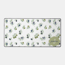 Olijfgroene Monogram Naam Watercolor Chic Patroon Bureaumat