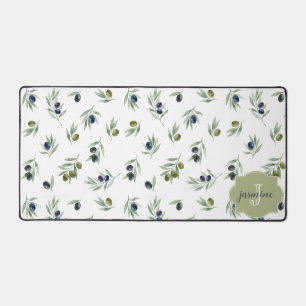 Olijfgroene Monogram Naam Watercolor Chic Patroon Bureaumat