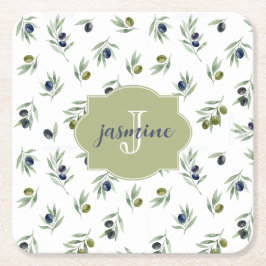 Olijfgroene Monogram Naam Watercolor Chic Patroon Kartonnen Onderzetters