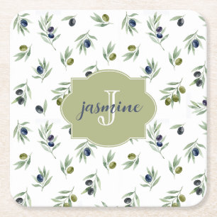 Olijfgroene Monogram Naam Watercolor Chic Patroon Kartonnen Onderzetters