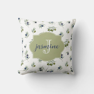 Olijfgroene Monogram Naam Watercolor Chic Patroon Kussen