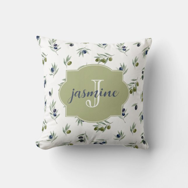 Olijfgroene Monogram Naam Watercolor Chic Patroon Kussen (Voorkant)