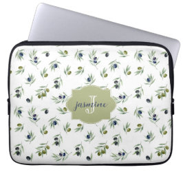 Olijfgroene Monogram Naam Watercolor Chic Patroon Laptop Sleeve