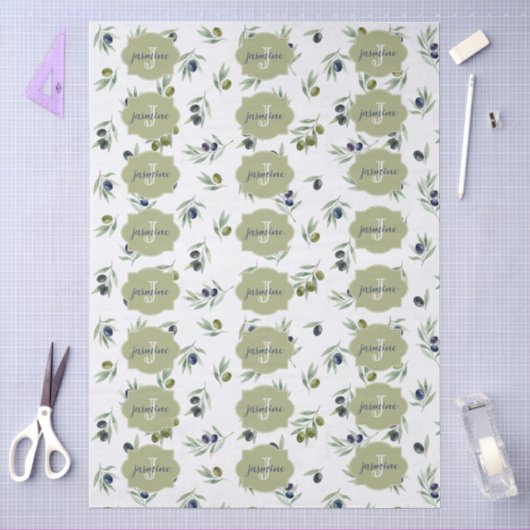 Olijfgroene Monogram Naam Waterverf Chic Patroon Tissuepapier (Craft)