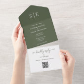 Olijfgroene Monogram QR Code Trouwkaart All In One Uitnodiging (Afscheurbaar)