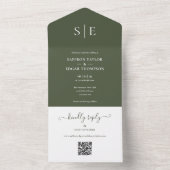 Olijfgroene Monogram QR Code Trouwkaart All In One Uitnodiging (Binnen)