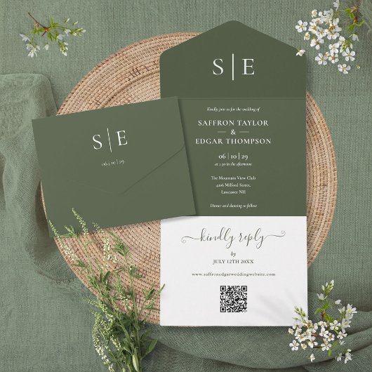 Olijfgroene Monogram QR Code Trouwkaart All In One Uitnodiging