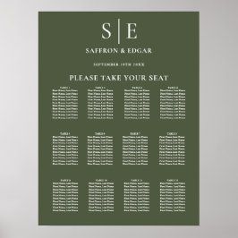 Olijfgroene Monogram Trouw Stoelenplattegrond Poster