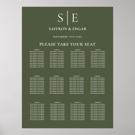 Olijfgroene Monogram Trouw Stoelenplattegrond Poster (Voorkant)