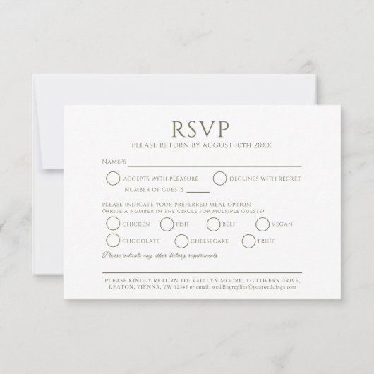 Olijfgroene ovaal blad monogram maaltijd RSVP brui (Achterkant)