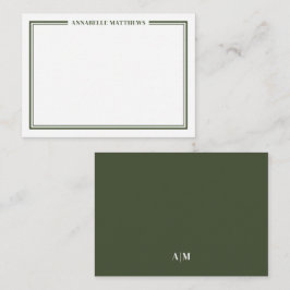 Olijfgroene Rand Minimalistische Naam Monogram Notitiekaartje