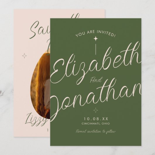 Olijfgroene Retro Moderne Vet Script Foto Bruiloft Save The Date (Voorkant / Achterkant)